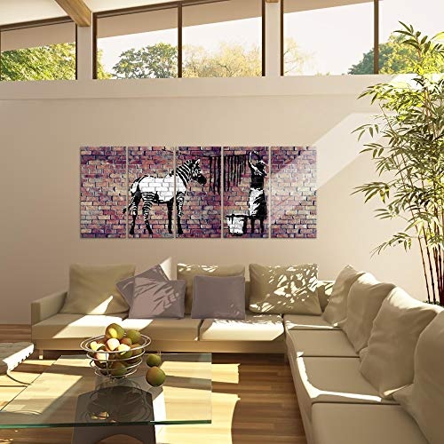 Bilder Banksy Washing Zebra Wandbild 200 x 80 cm Vlies - Leinwand Bild XXL Format Wandbilder Wohnzimmer Wohnung Deko Kunstdrucke Braun 5 Teilig - MADE IN GERMANY - Fertig zum Aufhängen 012955b