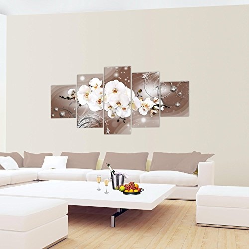 Bilder Blumen Orchidee Wandbild 200 x 100 cm Vlies - Leinwand Bild XXL Format Wandbilder Wohnzimmer Wohnung Deko Kunstdrucke Braun 5 Teilig - MADE IN GERMANY - Fertig zum Aufhängen 006351b