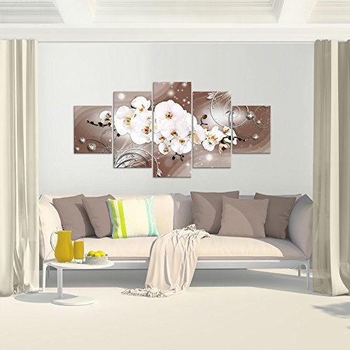 Bilder Blumen Orchidee Wandbild 200 x 100 cm Vlies - Leinwand Bild XXL Format Wandbilder Wohnzimmer Wohnung Deko Kunstdrucke Braun 5 Teilig - MADE IN GERMANY - Fertig zum Aufhängen 006351b