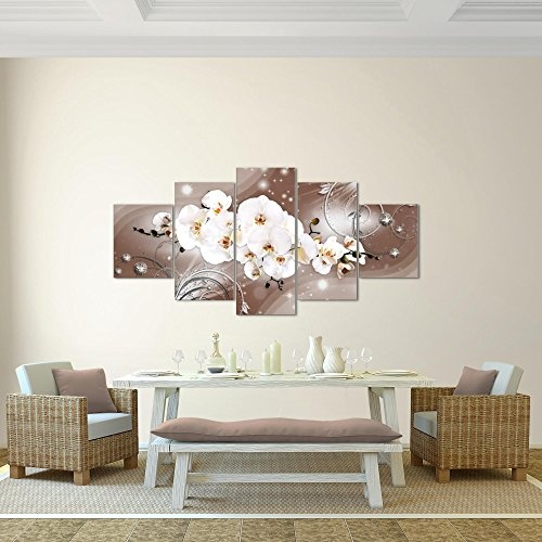 Bilder Blumen Orchidee Wandbild 200 x 100 cm Vlies - Leinwand Bild XXL Format Wandbilder Wohnzimmer Wohnung Deko Kunstdrucke Braun 5 Teilig - MADE IN GERMANY - Fertig zum Aufhängen 006351b