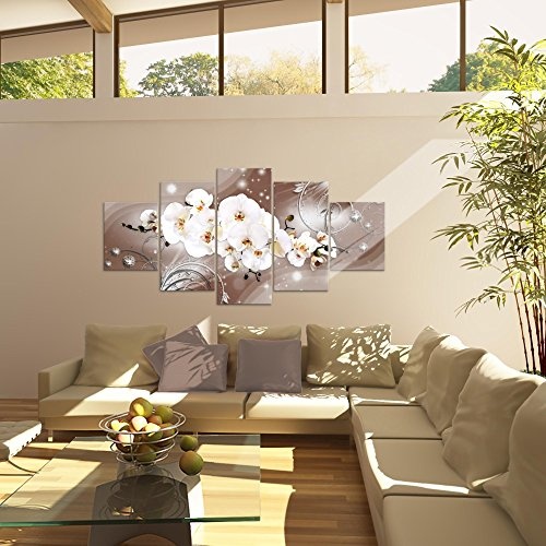 Bilder Blumen Orchidee Wandbild 200 x 100 cm Vlies - Leinwand Bild XXL Format Wandbilder Wohnzimmer Wohnung Deko Kunstdrucke Braun 5 Teilig - MADE IN GERMANY - Fertig zum Aufhängen 006351b