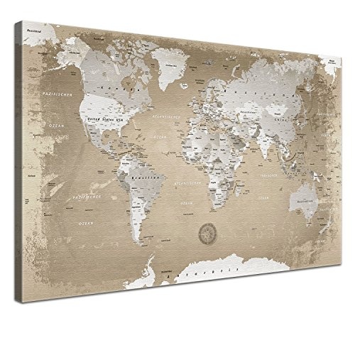 LANA KK - Weltkarte Leinwandbild mit Korkrückwand zum pinnen der Reiseziele - "Weltkarte Natur" - deutsch - Kunstdruck-Pinnwand Globus in braun, einteilig & fertig gerahmt in 120x80cm