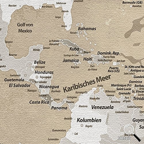 LANA KK - Weltkarte Leinwandbild mit Korkrückwand zum pinnen der Reiseziele - "Weltkarte Natur" - deutsch - Kunstdruck-Pinnwand Globus in braun, einteilig & fertig gerahmt in 120x80cm
