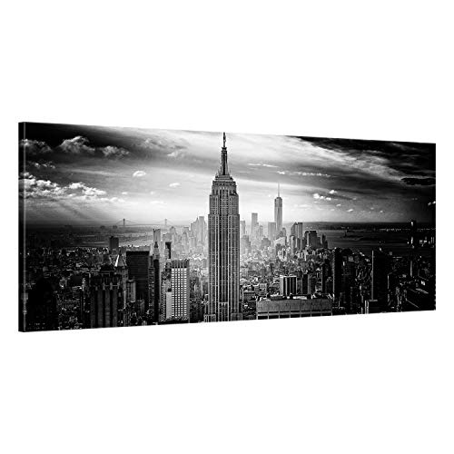ge Bildet® hochwertiges Panorama Leinwandbild XXL - Empire State Building in New York - Schwarz Weiß - 120 x 50 cm einteilig | Wanddeko Wandbild Wandbilder Bild auf Leinwand | 2228