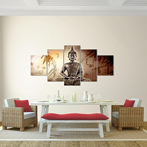 Bilder Buddha Wandbild 200 x 100 cm Vlies - Leinwand Bild XXL Format Wandbilder Wohnzimmer Wohnung Deko Kunstdrucke Braun 5 Teilig - MADE IN GERMANY - Fertig zum Aufhängen 500351a
