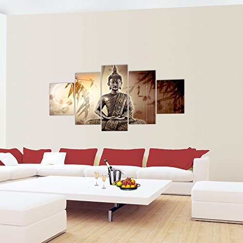 Bilder Buddha Wandbild 200 x 100 cm Vlies - Leinwand Bild XXL Format Wandbilder Wohnzimmer Wohnung Deko Kunstdrucke Braun 5 Teilig - MADE IN GERMANY - Fertig zum Aufhängen 500351a