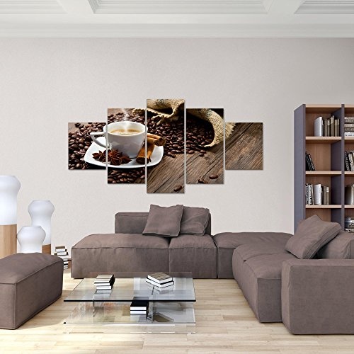 Runa Art Bilder Küche Kaffee Wandbild 200 x 100 cm Vlies - Leinwand Bild XXL Format Wandbilder Wohnzimmer Wohnung Deko Kunstdrucke Braun 5 Teilig - Made IN Germany - Fertig zum Aufhängen 501851a