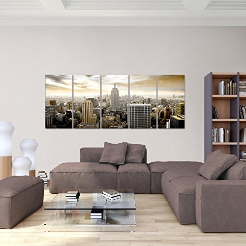 Bilder New York City Wandbild 200 x 80 cm Vlies - Leinwand Bild XXL Format Wandbilder Wohnzimmer Wohnung Deko Kunstdrucke Braun 5 Teilig - MADE IN GERMANY - Fertig zum Aufhängen 603455a