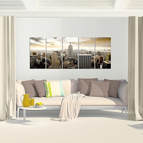 Bilder New York City Wandbild 200 x 80 cm Vlies - Leinwand Bild XXL Format Wandbilder Wohnzimmer Wohnung Deko Kunstdrucke Braun 5 Teilig - MADE IN GERMANY - Fertig zum Aufhängen 603455a
