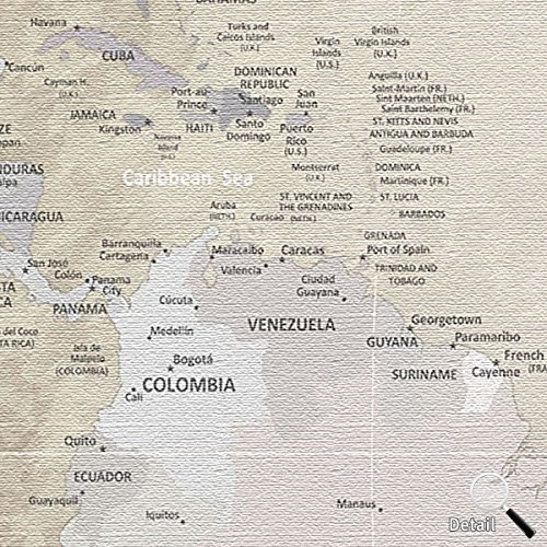 LANA KK - Weltkarte Leinwandbild mit Korkrückwand zum pinnen der Reiseziele - "Worldmap Beige" - englisch - Kunstdruck-Pinnwand Globus in braun, einteilig & fertig gerahmt in 120x80cm