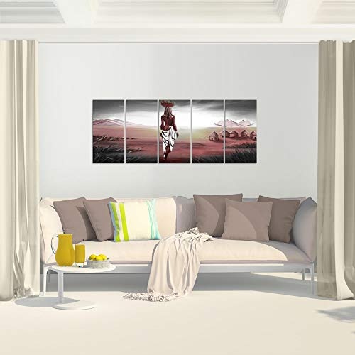 Bilder Afrika Massai Wandbild 150 x 60 cm Vlies - Leinwand Bild XXL Format Wandbilder Wohnzimmer Wohnung Deko Kunstdrucke Braun 5 Teilig - MADE IN GERMANY - Fertig zum Aufhängen 001656b