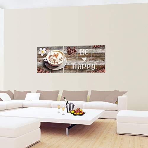Bilder Küche Kaffee Wandbild 150 x 60 cm Vlies - Leinwand Bild XXL Format Wandbilder Wohnzimmer Wohnung Deko Kunstdrucke Braun 5 Teilig - MADE IN GERMANY - Fertig zum Aufhängen 020756a
