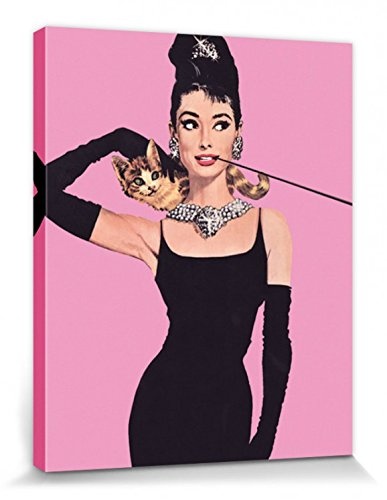 1art1 67148 Audrey Hepburn - Frühstück Bei Tiffany, Pink Pop-Art Poster Leinwandbild Auf Keilrahmen 50 x 40 cm