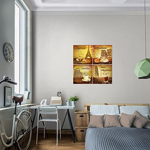 Bilder Küche Kaffee Wandbild Vlies - Leinwand Bild XXL Format Wandbilder Wohnzimmer Wohnung Deko Kunstdrucke 60 x 60 cm Braun 4 Teilig - MADE IN GERMANY - Fertig zum Aufhängen 500744a