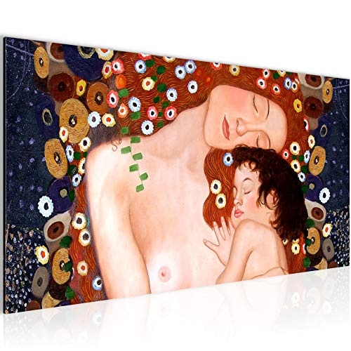 Bilder Gustav Klimt - Mutter und Kind Wandbild Vlies - Leinwand Bild XXL Format Wandbilder Wohnzimmer Wohnung Deko Kunstdrucke Braun 1 Teilig - MADE IN GERMANY - Fertig zum Aufhängen 700212a