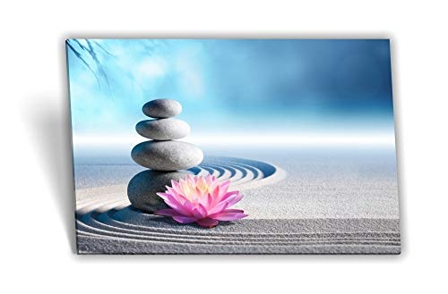 Medianlux Leinwand-Bild Keilrahmen-Bild SPA Wellness Seerose Steine Sand Grau Pink, 80 x 40cm (BxH)