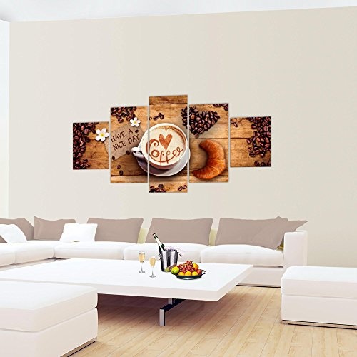 Bilder Küche Kaffee Wandbild 200 x 100 cm Vlies - Leinwand Bild XXL Format Wandbilder Wohnzimmer Wohnung Deko Kunstdrucke Braun 5 Teilig - MADE IN GERMANY - Fertig zum Aufhängen 501251a