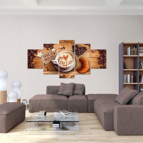 Bilder Küche Kaffee Wandbild 200 x 100 cm Vlies - Leinwand Bild XXL Format Wandbilder Wohnzimmer Wohnung Deko Kunstdrucke Braun 5 Teilig - MADE IN GERMANY - Fertig zum Aufhängen 501251a