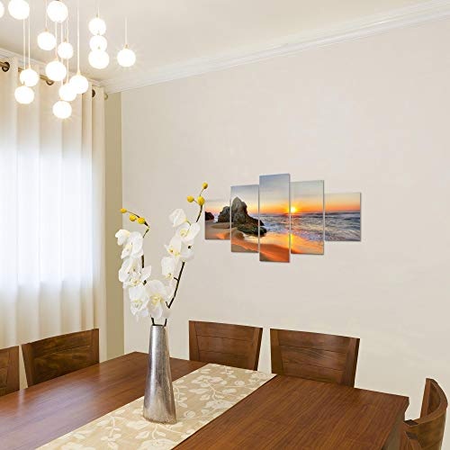 Bilder Sonnenaufgang Strand Wandbild 150 x 75 cm Vlies - Leinwand Bild XXL Format Wandbilder Wohnzimmer Wohnung Deko Kunstdrucke Orang 5 Teilig - MADE IN GERMANY - Fertig zum Aufhängen 609553a