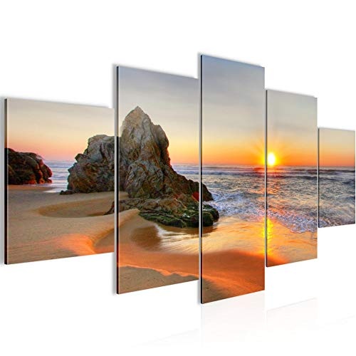 Bilder Sonnenaufgang Strand Wandbild 150 x 75 cm Vlies - Leinwand Bild XXL Format Wandbilder Wohnzimmer Wohnung Deko Kunstdrucke Orang 5 Teilig - MADE IN GERMANY - Fertig zum Aufhängen 609553a