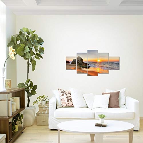 Bilder Sonnenaufgang Strand Wandbild 150 x 75 cm Vlies - Leinwand Bild XXL Format Wandbilder Wohnzimmer Wohnung Deko Kunstdrucke Orang 5 Teilig - MADE IN GERMANY - Fertig zum Aufhängen 609553a