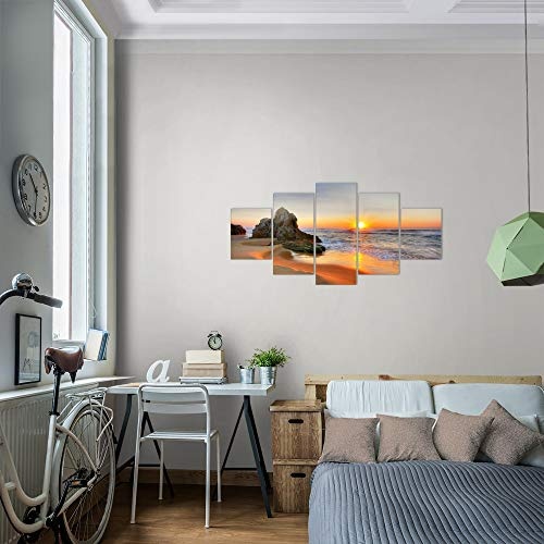 Bilder Sonnenaufgang Strand Wandbild 150 x 75 cm Vlies - Leinwand Bild XXL Format Wandbilder Wohnzimmer Wohnung Deko Kunstdrucke Orang 5 Teilig - MADE IN GERMANY - Fertig zum Aufhängen 609553a