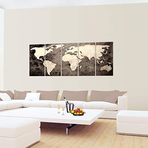 Bilder Weltkarte World Map Wandbild 200 x 80 cm Vlies - Leinwand Bild XXL Format Wandbilder Wohnzimmer Wohnung Deko Kunstdrucke Braun 5 Teilig - MADE IN GERMANY - Fertig zum Aufhängen 101755c