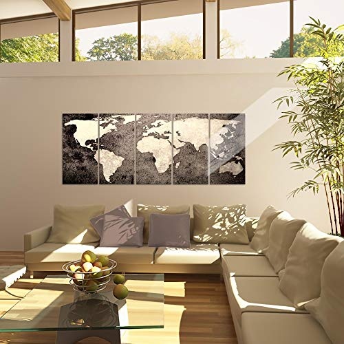 Bilder Weltkarte World Map Wandbild 200 x 80 cm Vlies - Leinwand Bild XXL Format Wandbilder Wohnzimmer Wohnung Deko Kunstdrucke Braun 5 Teilig - MADE IN GERMANY - Fertig zum Aufhängen 101755c