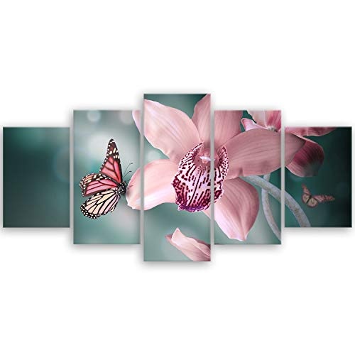 ge Bildet® hochwertiges Leinwandbild - Orchideen mit Schmetterlingen - 100 x 50 cm mehrteilig (5 teilig) 1961