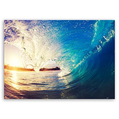 ge Bildet® hochwertiges Leinwandbild Panorama XXL Naturbilder Landschaftsbilder - The Wave - Welle Surfen Wasser Sonnenuntergang blau gelb orange - 100 x 70 cm einteilig 2213 S