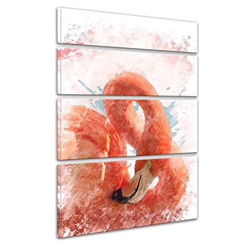 Keilrahmenbild - Aquarell - Flamingo II - Bild auf Leinwand 120 x 180 cm vierteilig - Leinwandbilder - Bilder als Leinwanddruck - Tierwelten - Malerei - pink - Vogel