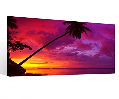Leinwandbild 1 Tlg Sonnenuntergang pink Ozean Palme Meer Leinwand Bild Bilder Druck Holz gerahmt 9V419, 1 Tlg BxH:80x40cm