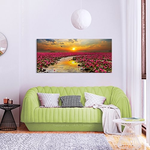 decomonkey Bilder Blumen Lilie 100x45 cm Leinwandbilder Bild auf Leinwand Vlies Wandbild Kunstdruck Wanddeko Wand Wohnzimmer Wanddekoration Sonnenuntergang Landschaft Wasser Himmel Rosa Orange