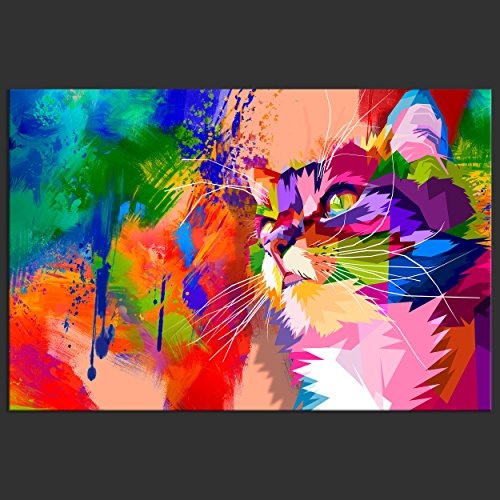 decomonkey Bilder Katze Abstrakt 120x80 cm 1 Teilig Leinwandbilder Bild auf Leinwand Wandbild Kunstdruck Wanddeko Wand Wohnzimmer Wanddekoration Deko Bunt Rosa Orange Blau Grün