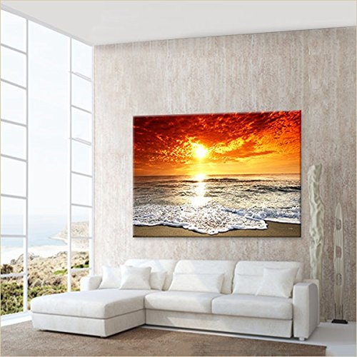 LANA KK - Leinwandbild "Das Meer" Landschaft auf Echtholz-Keilrahmen - Szenerie und Natur Fotoleinwand-Kunstdruck in orange, einteilig & fertig gerahmt in 100x70cm