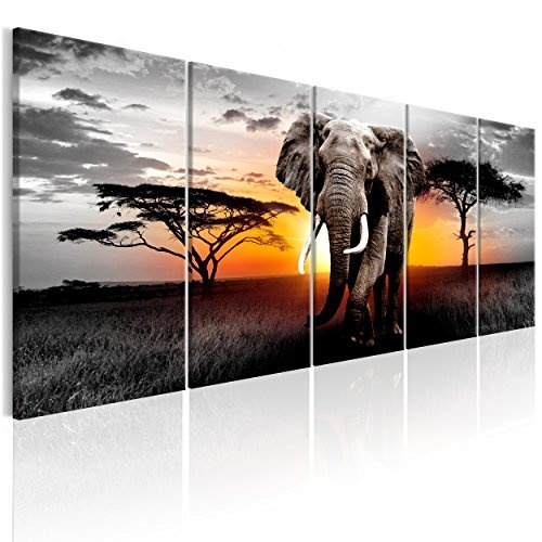 decomonkey Bilder Afrika Tiere Elefant 200x80 cm 5 Teilig Leinwandbilder XXL Bild auf Leinwand Vlies Wandbild Kunstdruck Wanddeko Wand Wohnzimmer Wanddekoration Deko Landschaft Baum grau orange