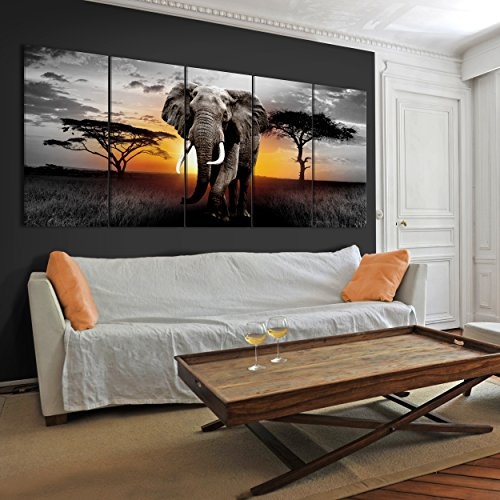 decomonkey Bilder Afrika Tiere Elefant 200x80 cm 5 Teilig Leinwandbilder XXL Bild auf Leinwand Vlies Wandbild Kunstdruck Wanddeko Wand Wohnzimmer Wanddekoration Deko Landschaft Baum grau orange