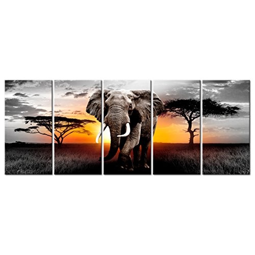 decomonkey Bilder Afrika Tiere Elefant 200x80 cm 5 Teilig Leinwandbilder XXL Bild auf Leinwand Vlies Wandbild Kunstdruck Wanddeko Wand Wohnzimmer Wanddekoration Deko Landschaft Baum grau orange