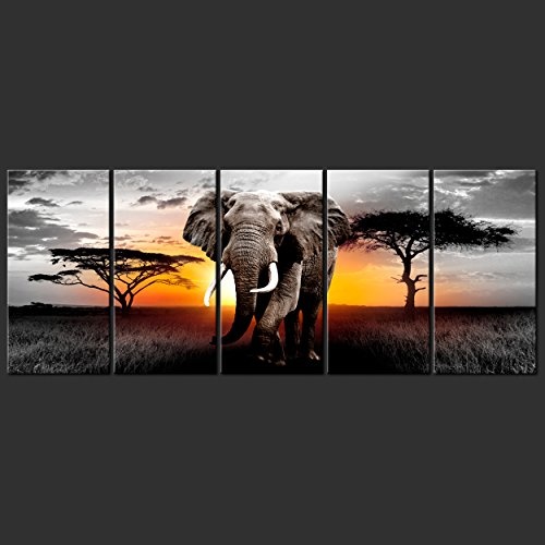 decomonkey Bilder Afrika Tiere Elefant 200x80 cm 5 Teilig Leinwandbilder XXL Bild auf Leinwand Vlies Wandbild Kunstdruck Wanddeko Wand Wohnzimmer Wanddekoration Deko Landschaft Baum grau orange