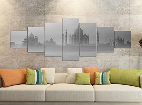 Leinwandbilder 7 Tlg 280x100cm schwarz Taj Mahal Indien pink Sonnenuntergang Leinwand Bild Teile teilig Kunstdruck Druck Wandbild mehrteilig 9YB2235, Leinwandbild 7 Tlg:ca. 280cmx100cm