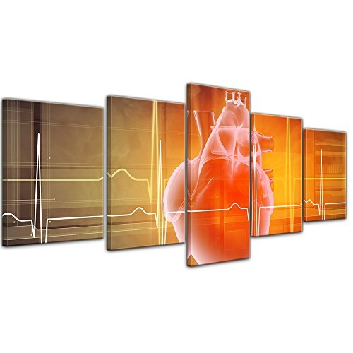 Wandbild - Abstrakte Kunst XXXI - Bild auf Leinwand - 200x80 cm fünfteilig - Leinwandbilder - Abstrakt - futuristisch - Herz orange