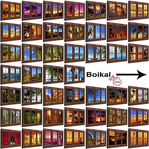 BOIKAL XXLF67-4 3D Effekt Bilder Fensterblick Deko Wandbild fertig gerahmt! Leinwand glanz! Kunstdruck Leuchtturm Meer, Sonne, Pink