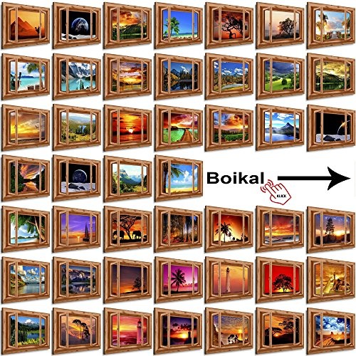 BOIKAL XXLF67-4 3D Effekt Bilder Fensterblick Deko Wandbild fertig gerahmt! Leinwand glanz! Kunstdruck Leuchtturm Meer, Sonne, Pink