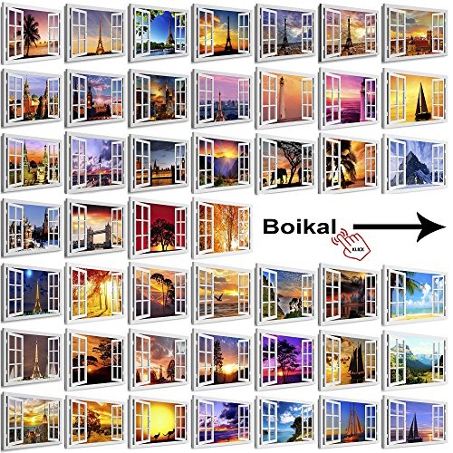 BOIKAL XXLF67-4 3D Effekt Bilder Fensterblick Deko Wandbild fertig gerahmt! Leinwand glanz! Kunstdruck Leuchtturm Meer, Sonne, Pink
