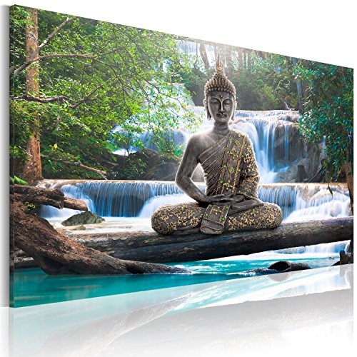 murando - Leinwandbilder Buddha 150x90 cm - Bild für die Selbstmontage - Wandbilder XXL - Kunstdruck - Wasserfall Natur Landschaft Baum orange rose c-A-0022-b-b