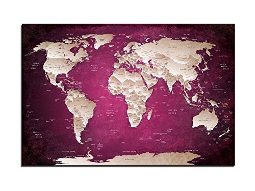 Dsign24 Weltkarte edel als Leinwandbild Wandbild 90 x 60 cm – Wanddeko, Kunstdruck, Keilrahmen Globus World PINK A05031