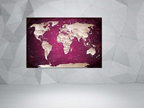 Dsign24 Weltkarte edel als Leinwandbild Wandbild 90 x 60 cm – Wanddeko, Kunstdruck, Keilrahmen Globus World PINK A05031