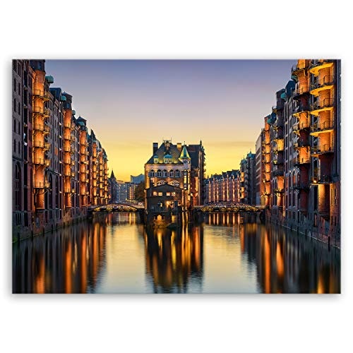 ge Bildet® hochwertiges Leinwandbild - Wasserschloss in der Speicherstadt - Hamburg - 70 x 50 cm einteilig 2211 D