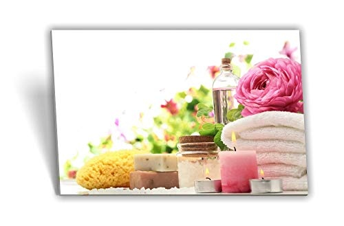 Medianlux Leinwand-Bild Keilrahmen-Bild SPA Wellness Seerose Kerzen Handtuch Seife Pink Grün Weiß, 80 x 40cm (BxH)