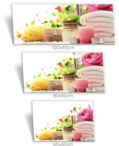 Medianlux Leinwand-Bild Keilrahmen-Bild SPA Wellness Seerose Kerzen Handtuch Seife Pink Grün Weiß, 80 x 40cm (BxH)